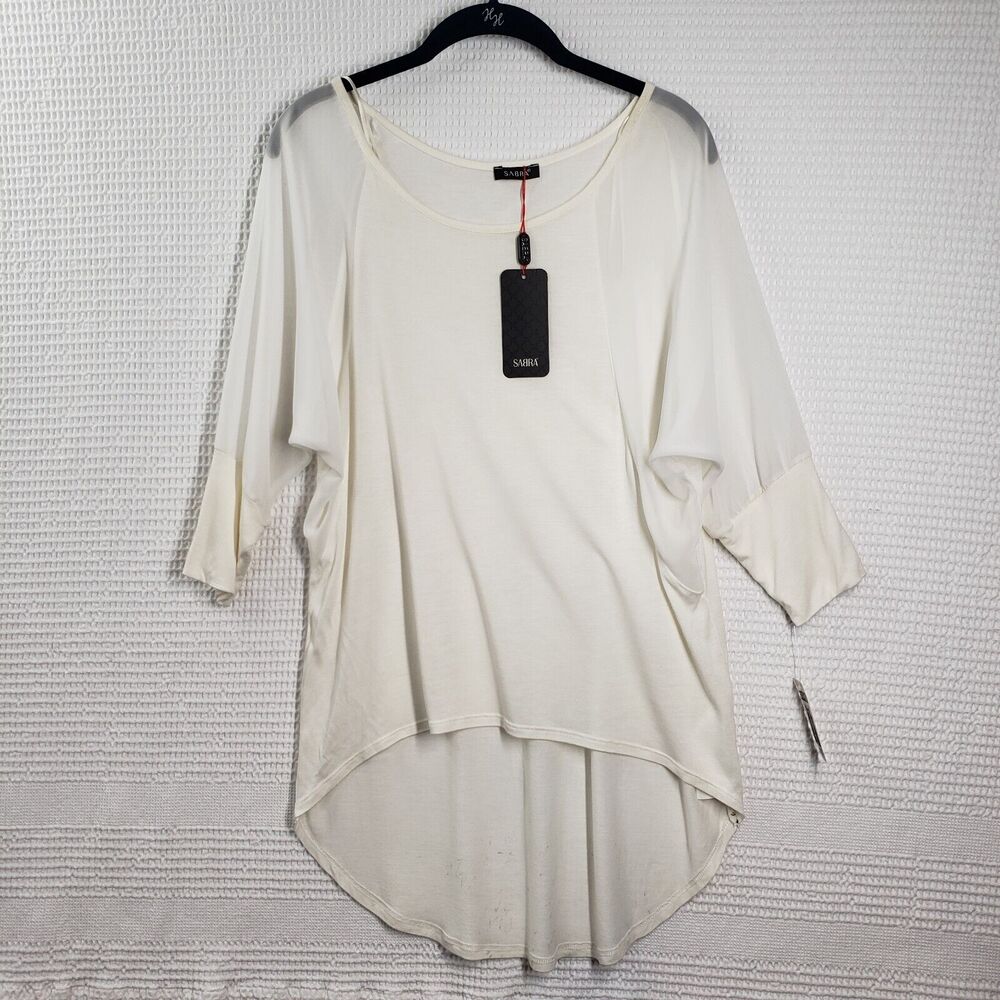 Sabra Top Womens Medium White Boatneck Sheer Hi-Lo Tunic Y2k Lagenlook Bohemian